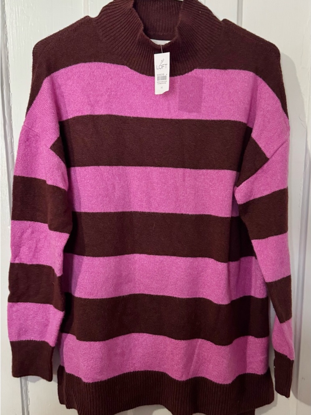 LOFT Brown and Pink Wide-Stripe Mock Neck Sweater